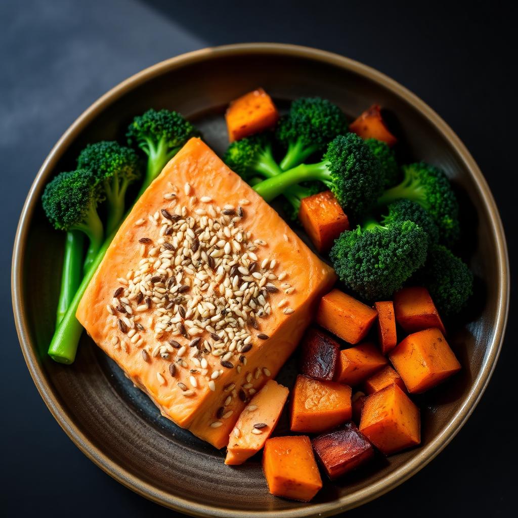 Salmón al horno con batata y brócoli